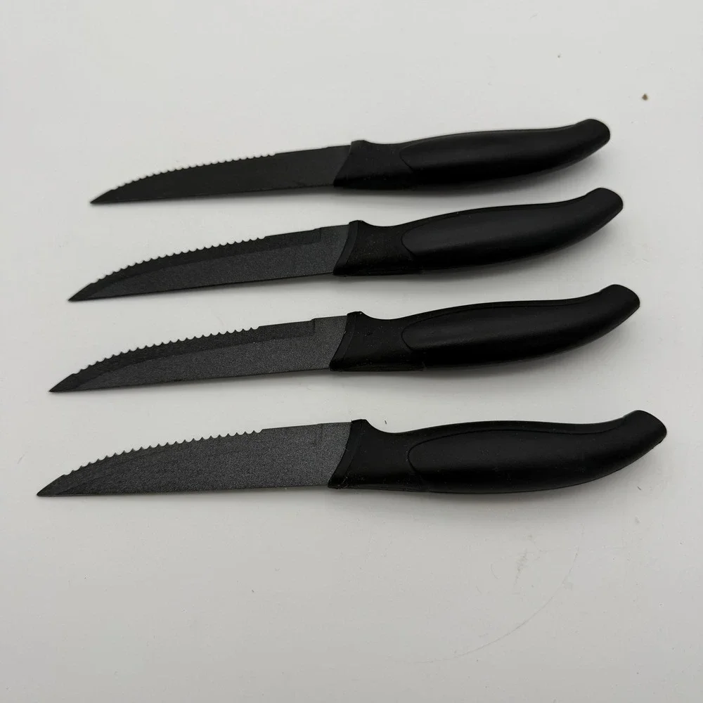 The Sharper Image 4 Piece Steak Knife Set Black Non-Stick Serrated Blade Utility